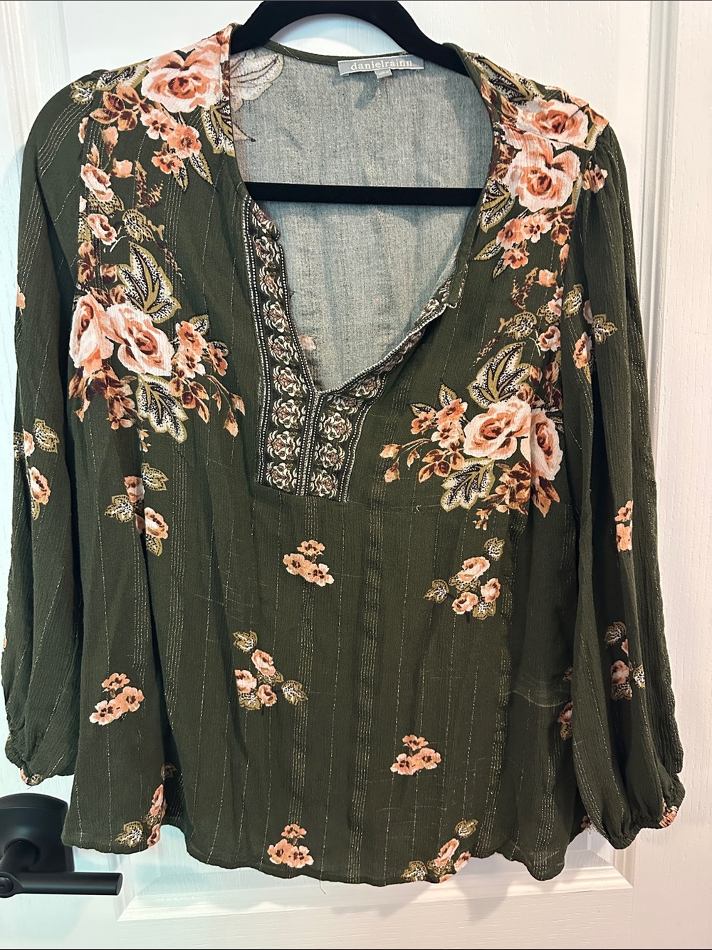 Daniel Rainn Olive Floral Embroidered V-Neck Peasant Blouse